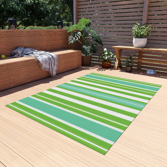 Green Blue White Stripe Outdoor/Indoor Rug | Patio Mat, Weatherproof Area Rug