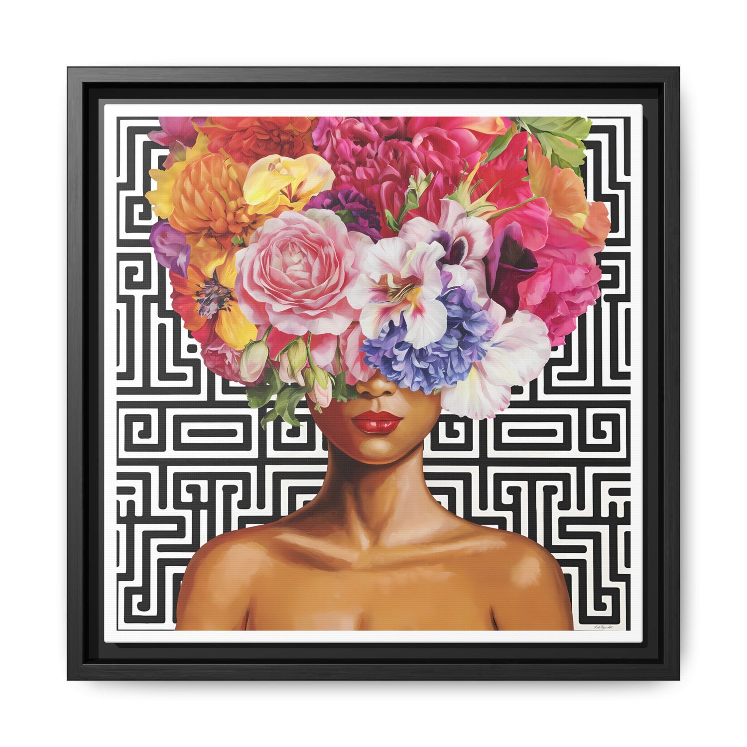 Framed Art Canvas: Vibrant Floral Portrait Decor, Boho Wall Art, Home Gallery, Gift for Her, Inspirational Art, Woman With Flower Head - LOLA VEGAS ART