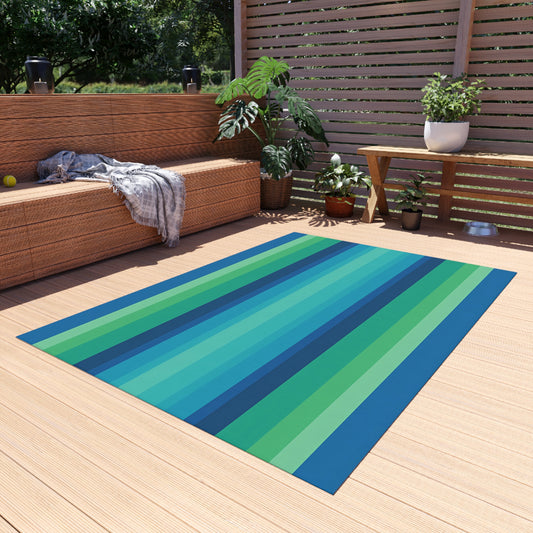Blue Green Striped Outdoor/Indoor Rug | Patio Mat, Weather-Resistant Floor Covering