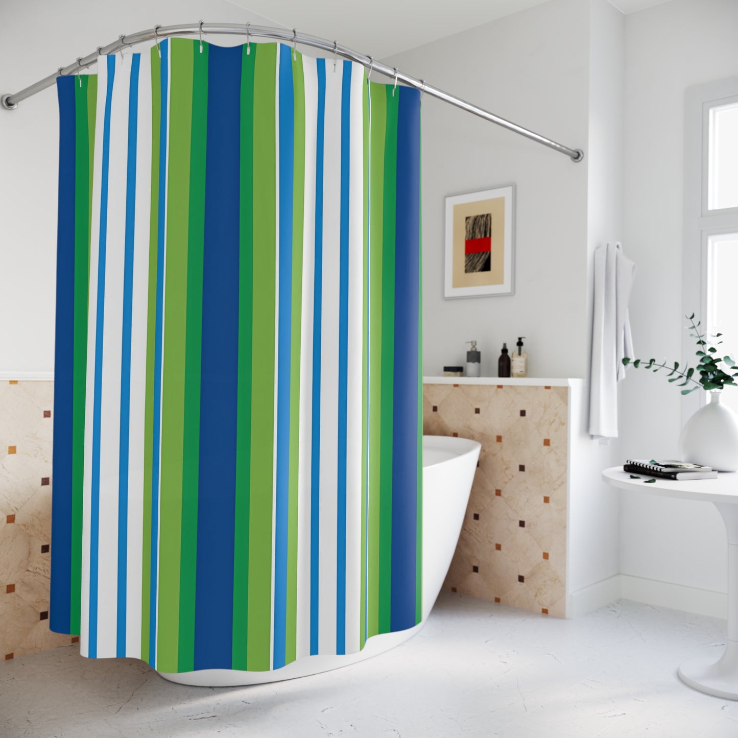 Blue Green Vertical Striped Shower Curtain | Nautical Bathroom Decor