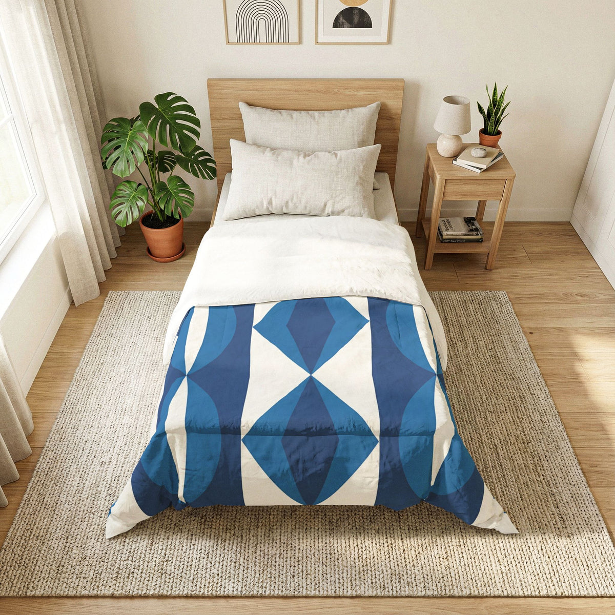 Blue Geometric Diamond Pattern Cotton Comforter | Modern Ikat Bedding