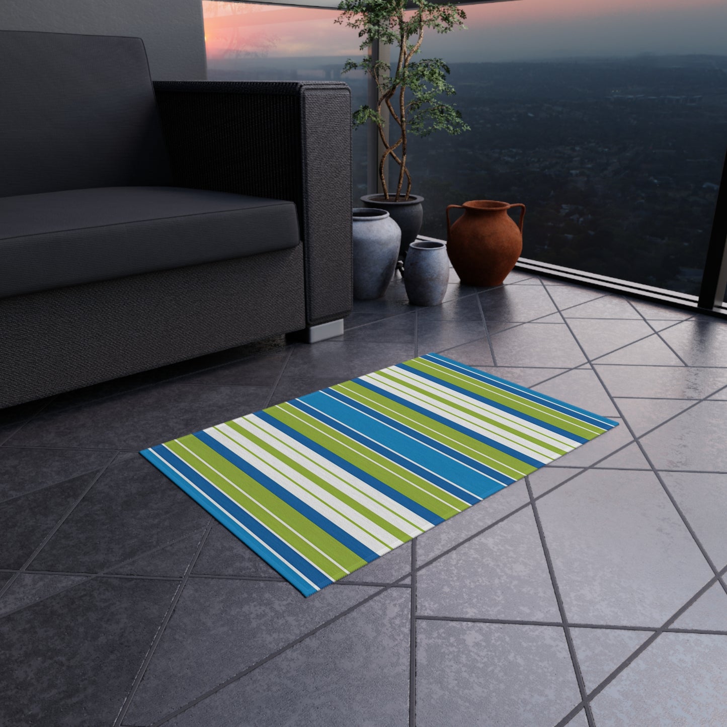 Blue Green Striped Outdoor/Indoor Rug | Patio Mat