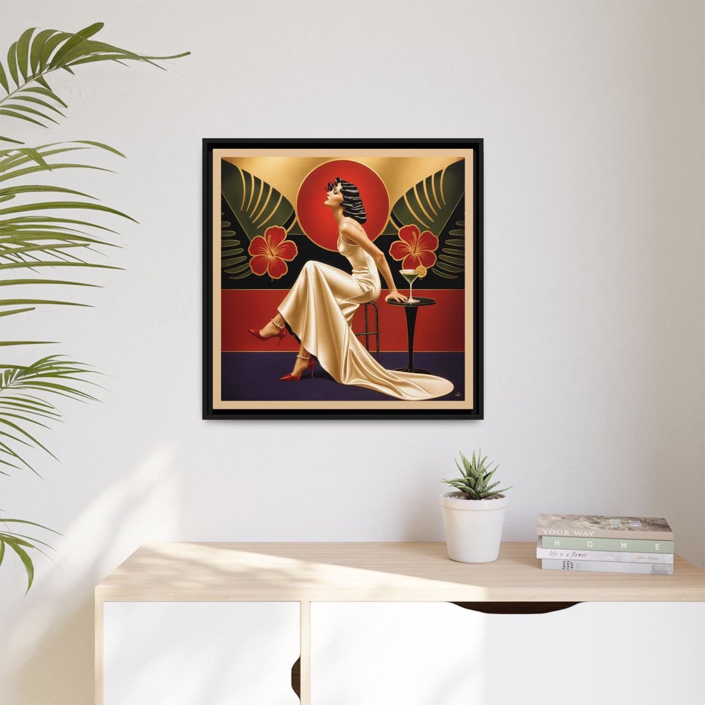 Art Deco Lady Red Green Beige Tropical Canvas Framed Wall Art | Matte Print
