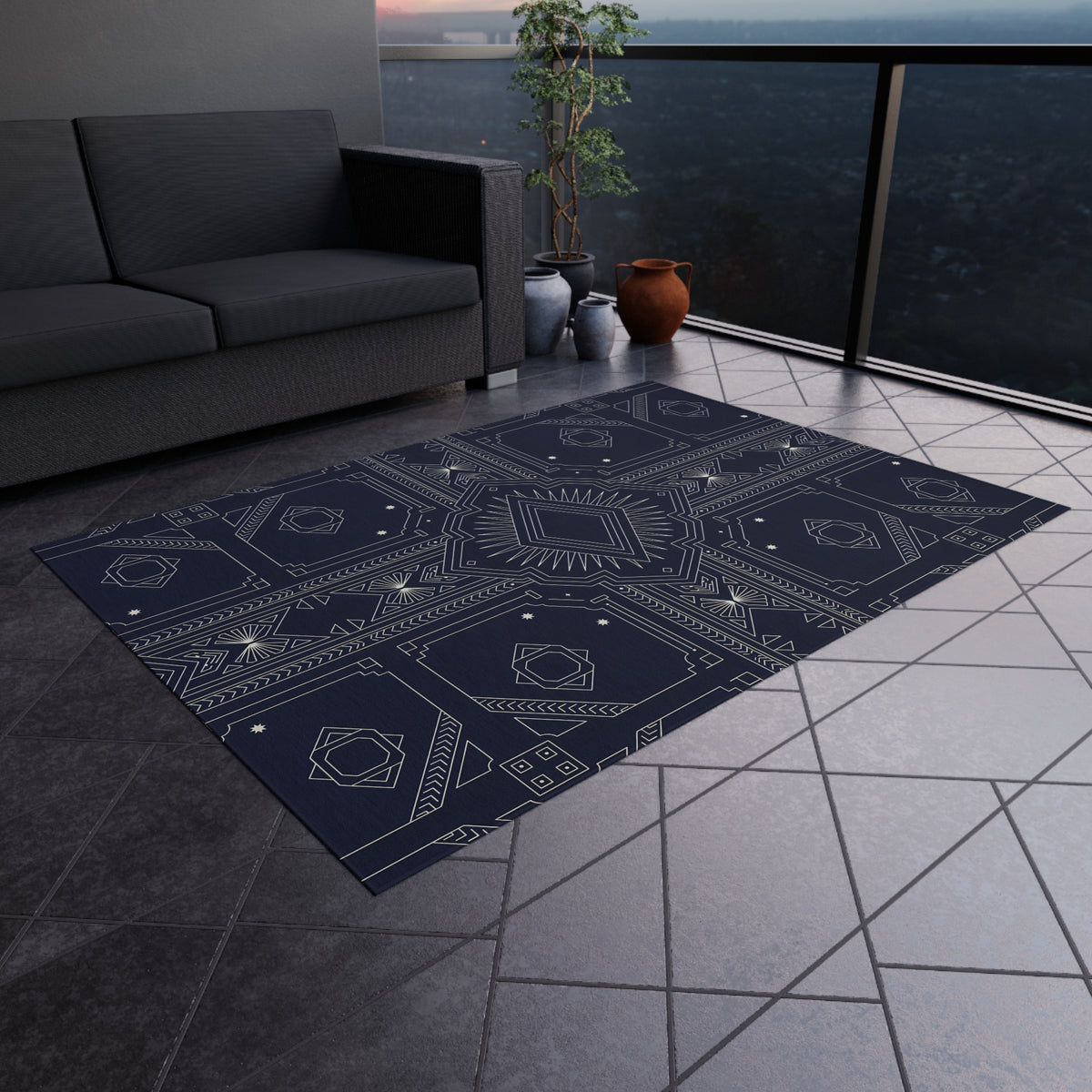 Geometric Aztec Pattern Outdoor Rug | Navy Diamond Porch Mat