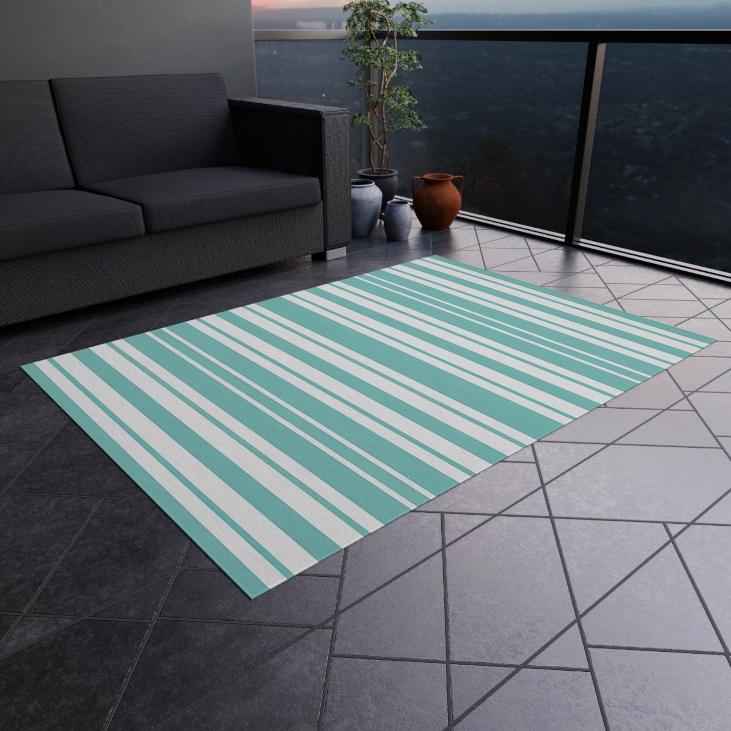 Aqua Stripe Outdoor/Indoor Rug | Teal Blue Striped Patio Mat