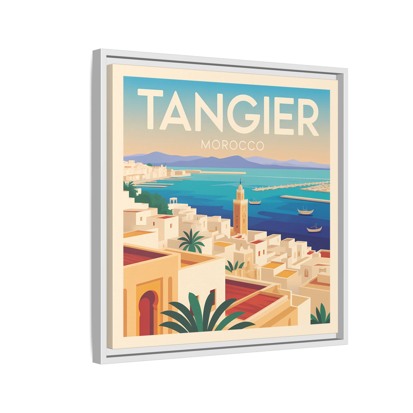 Tangier Morocco Travel Framed Wall Art Matte Canvas | Vintage Style Coastal Wall Art