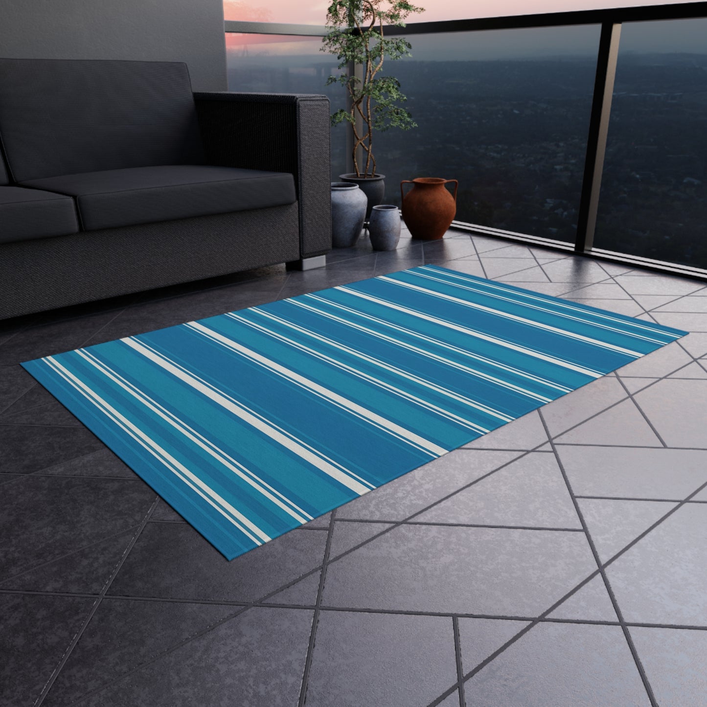Blue Stripe Outdoor/Indoor Rug | Patio Mat, Coastal Striped Porch Rug