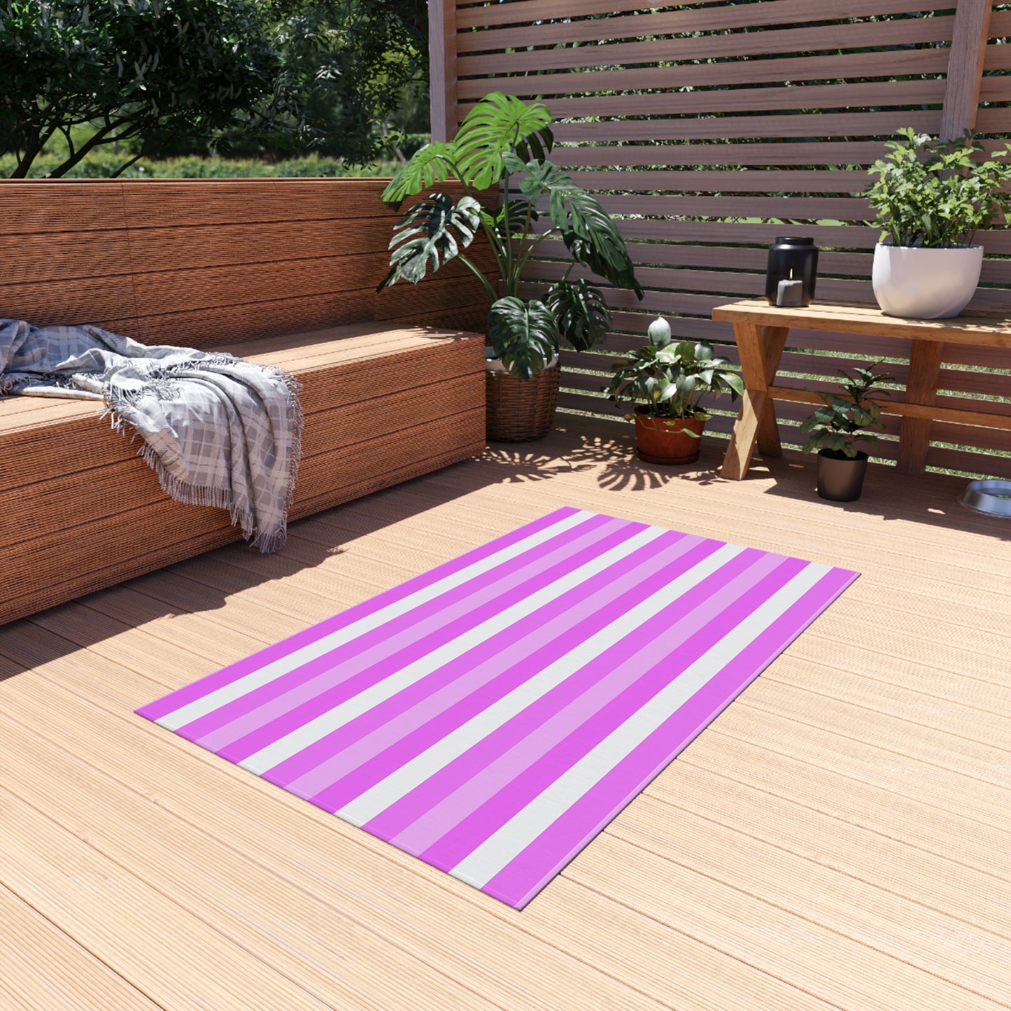 Pink and White Stripes Outdoor/Indoor Rug | Patio Mat, Poolside Striped Rug