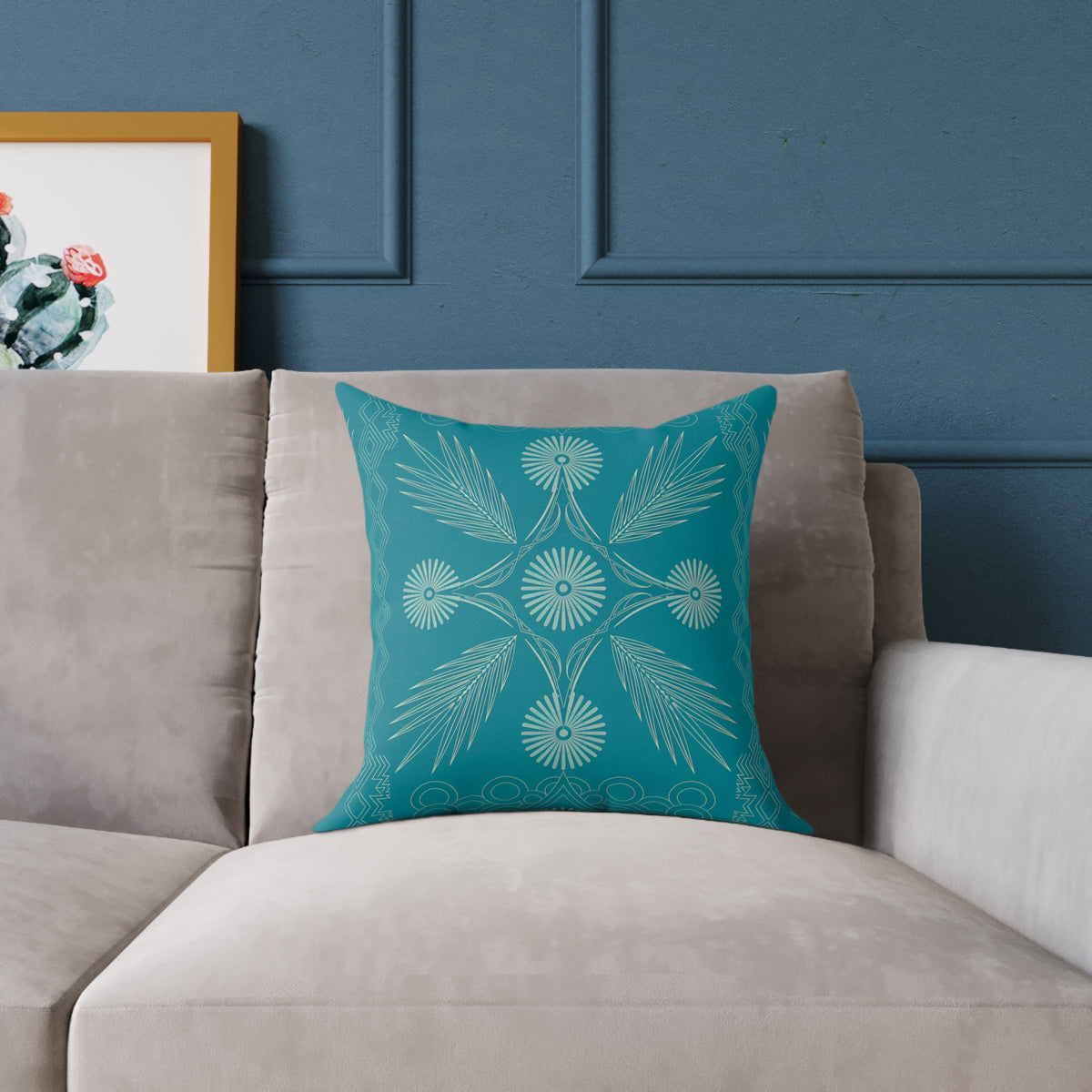 Teal Botanical Mandala Square Pillow | Poly Canvas Decorative Pillow