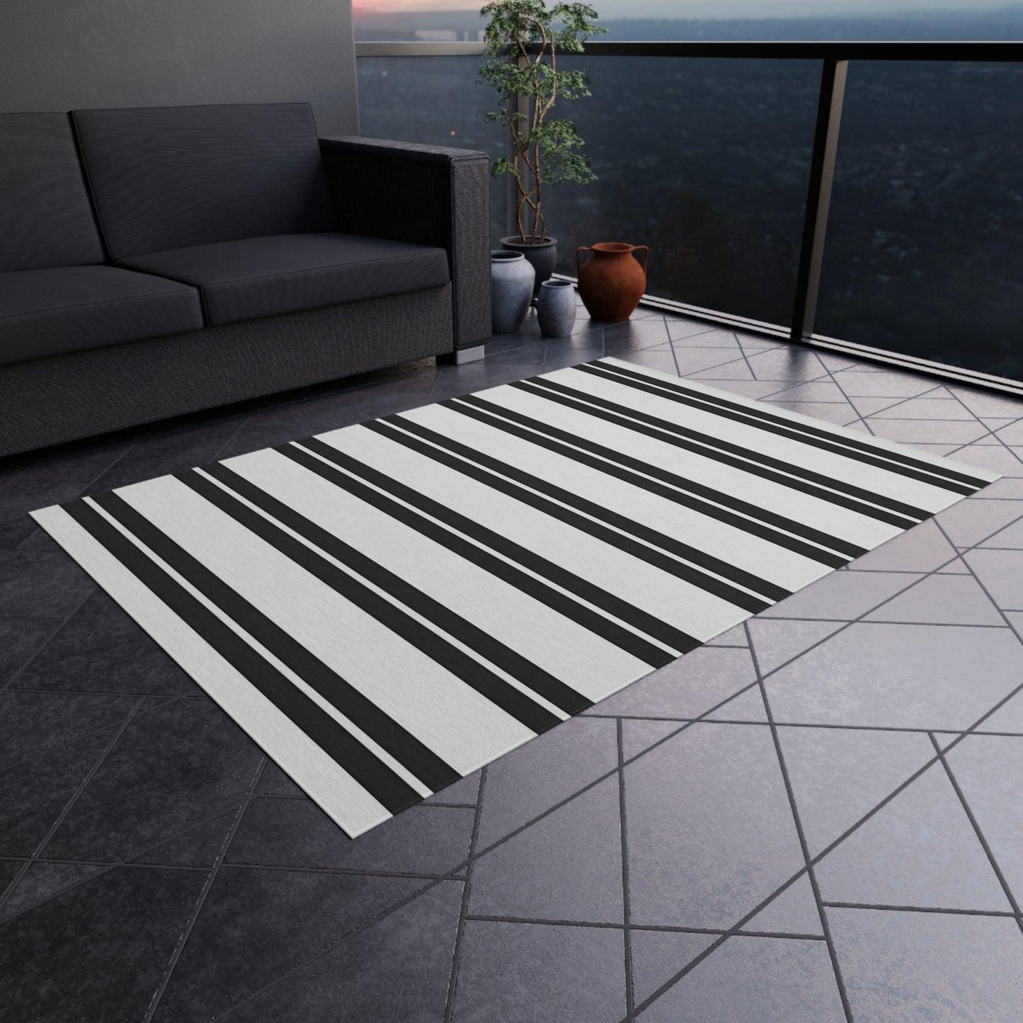 Black and White Vertical Stripe Outdoor/Indoor Rug | Modern Patio Mat