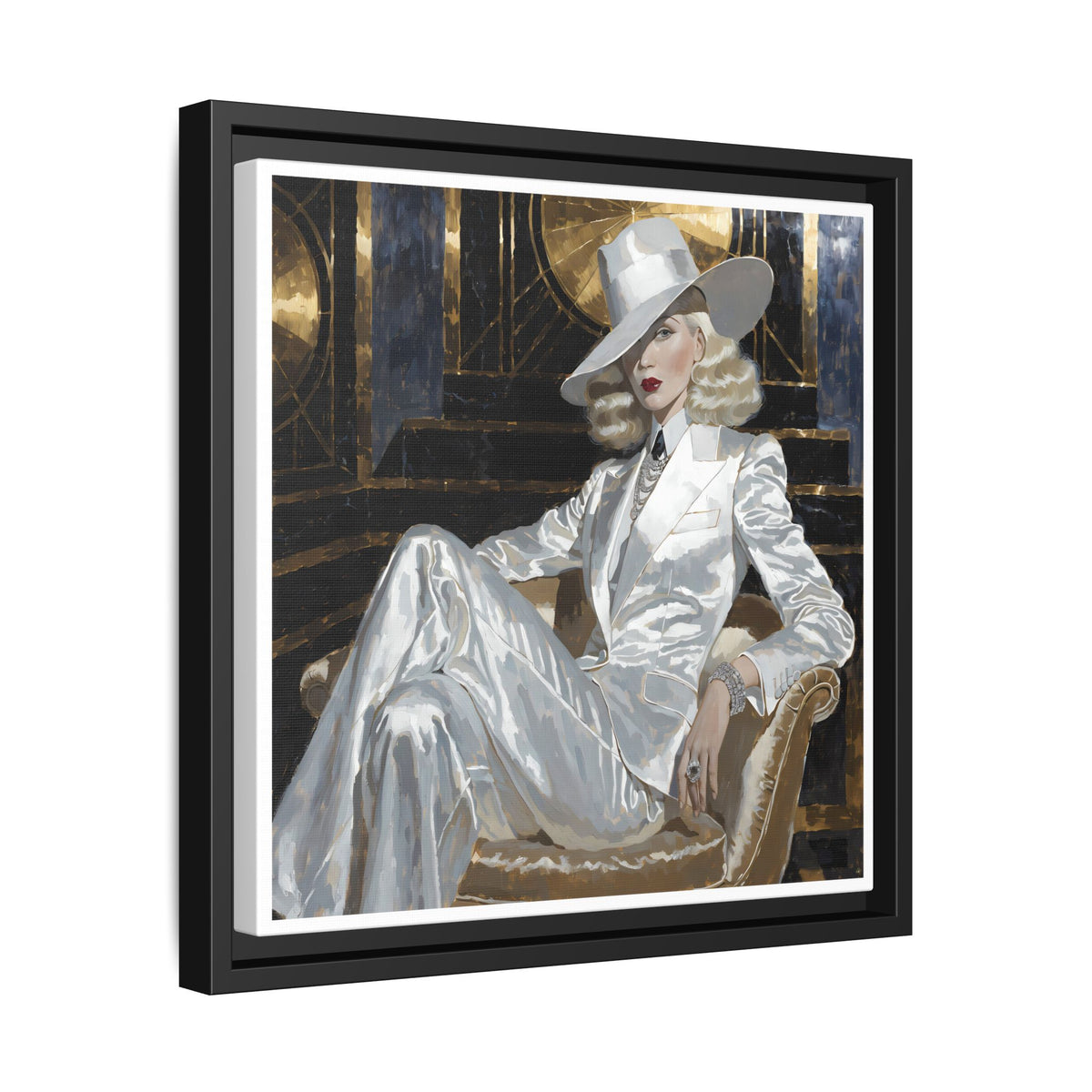 Woman in White Suit Art Print Matte Canvas, Framed | Glamorous Fashion Portrait