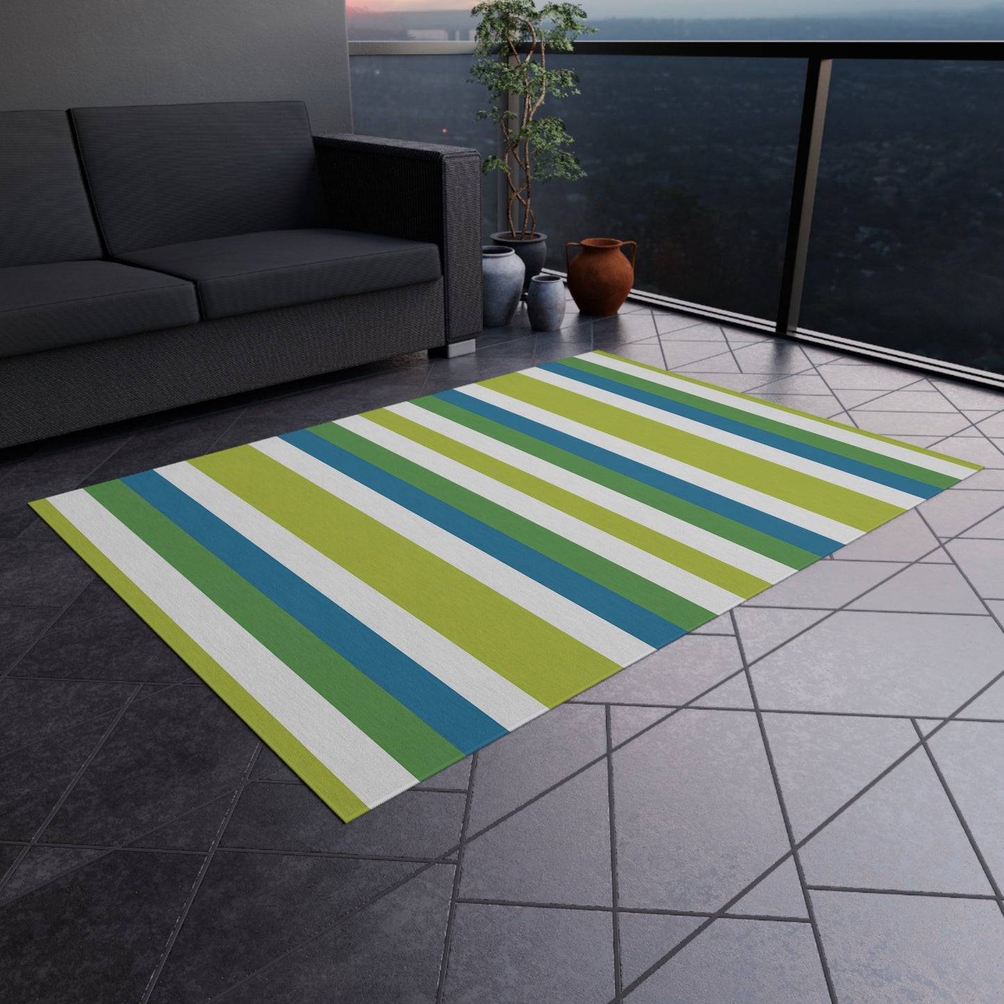 Blue Green Stripe Outdoor/Indoor Rug | Patio Mat, Weatherproof Porch Rug