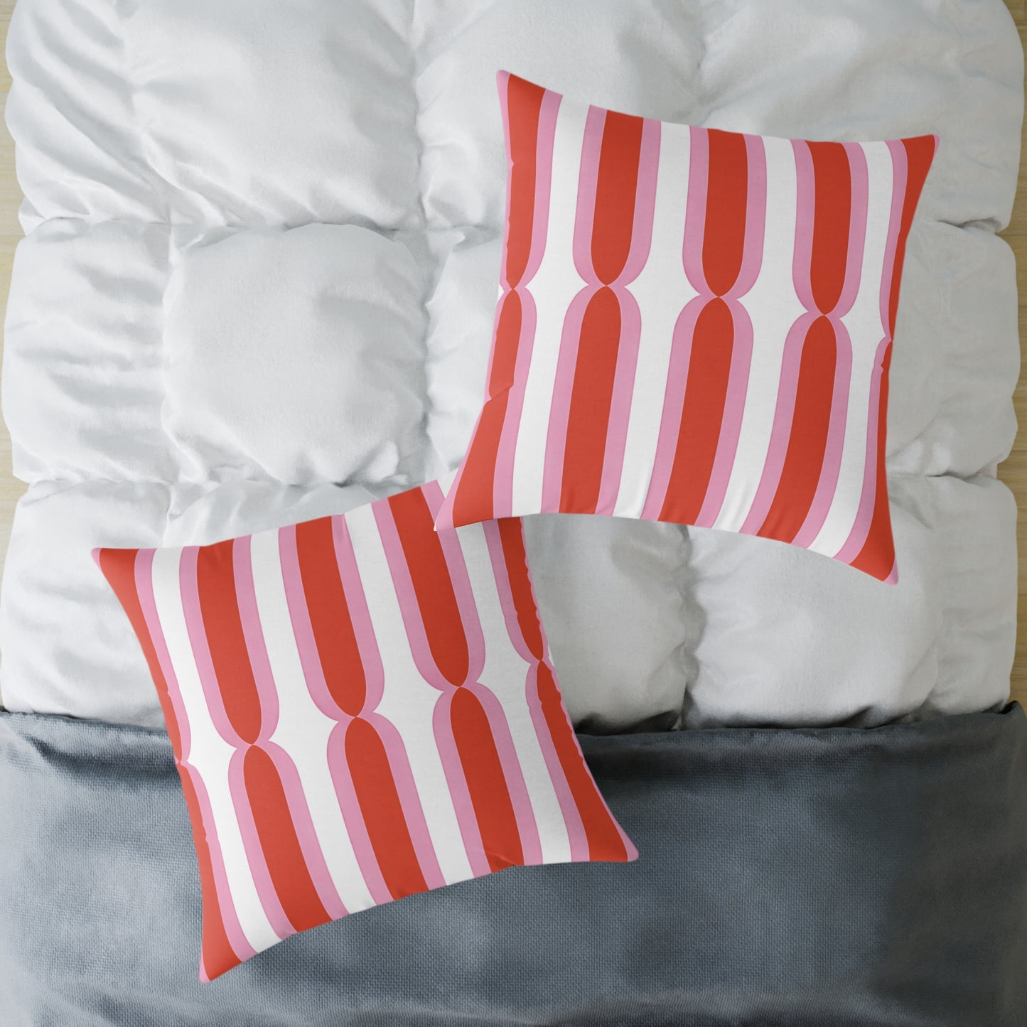Retro Pink Orange Geometric Stripes Pillow | Square Poly Canvas Cushion