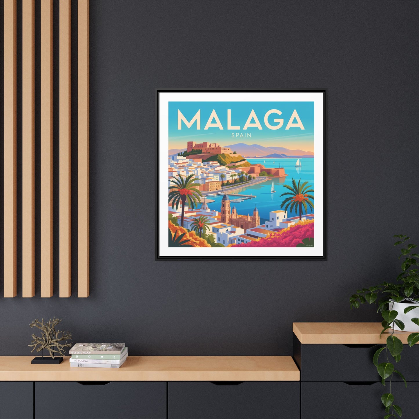 Malaga Spain Coastal  Matte Canvas Framed Wall Art| Vintage Style Travel Art