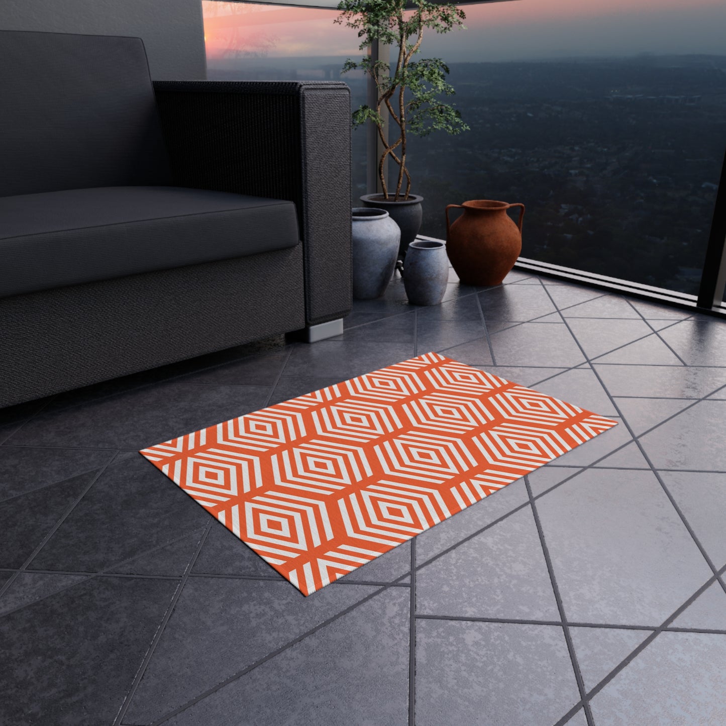 Geometric Hexagon Pattern Outdoor/Indoor Rug | Orange White Diamond Patio Mat