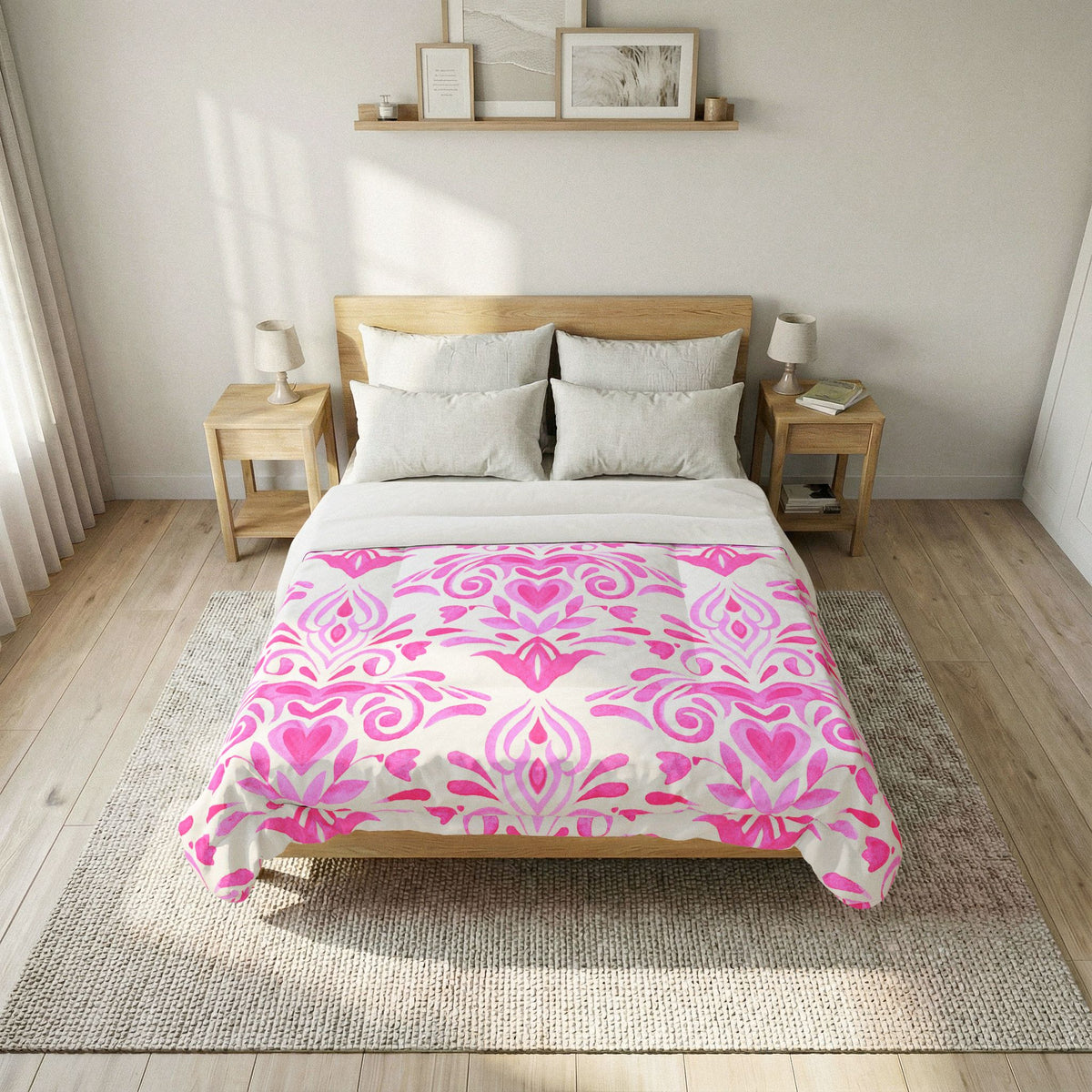 Pink Damask Pattern Cotton Comforter | Floral Heart Motif, Boho Bedroom