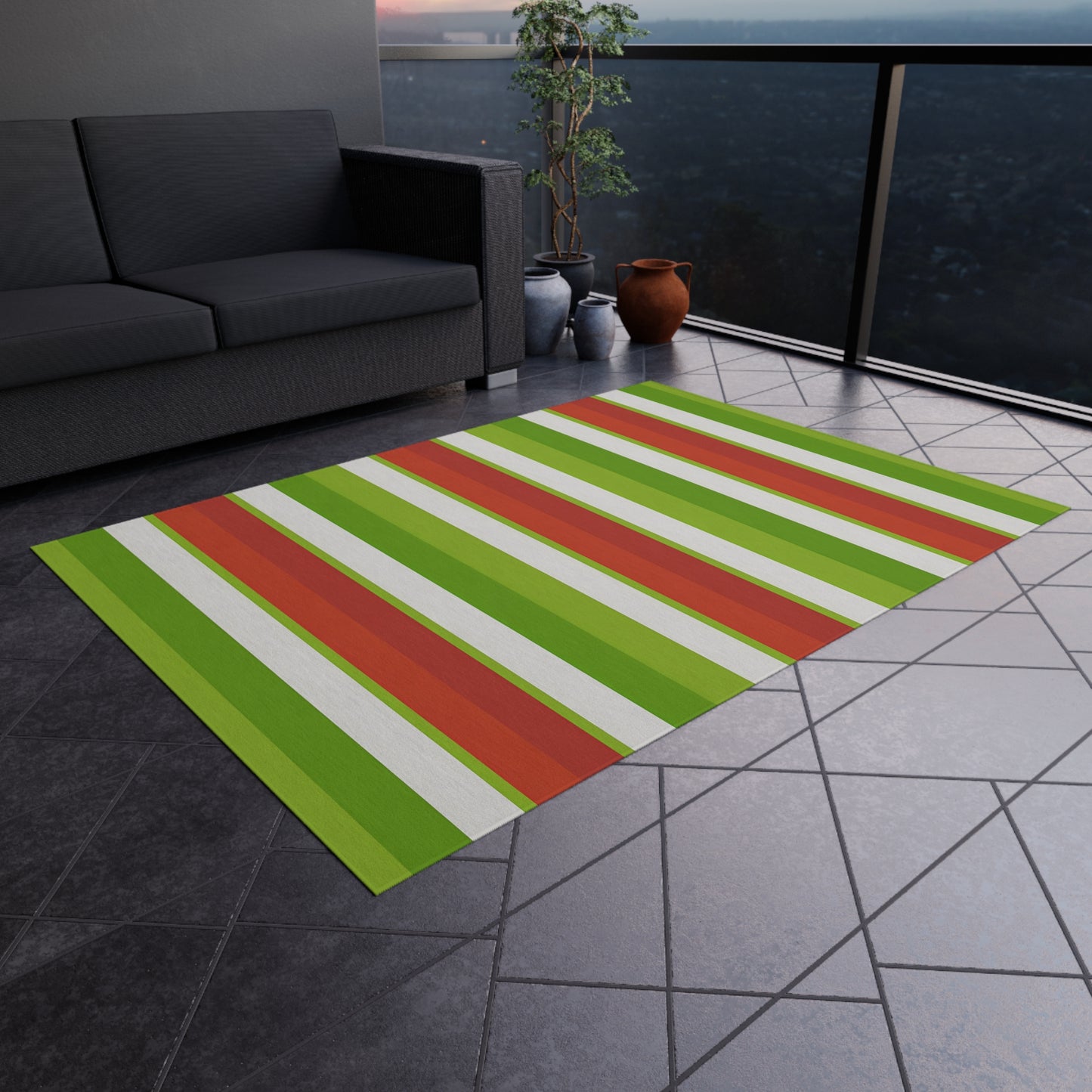 Green Orange Red White Stripe Outdoor/Indoor Rug | Patio Mat, Weatherproof Porch Rug