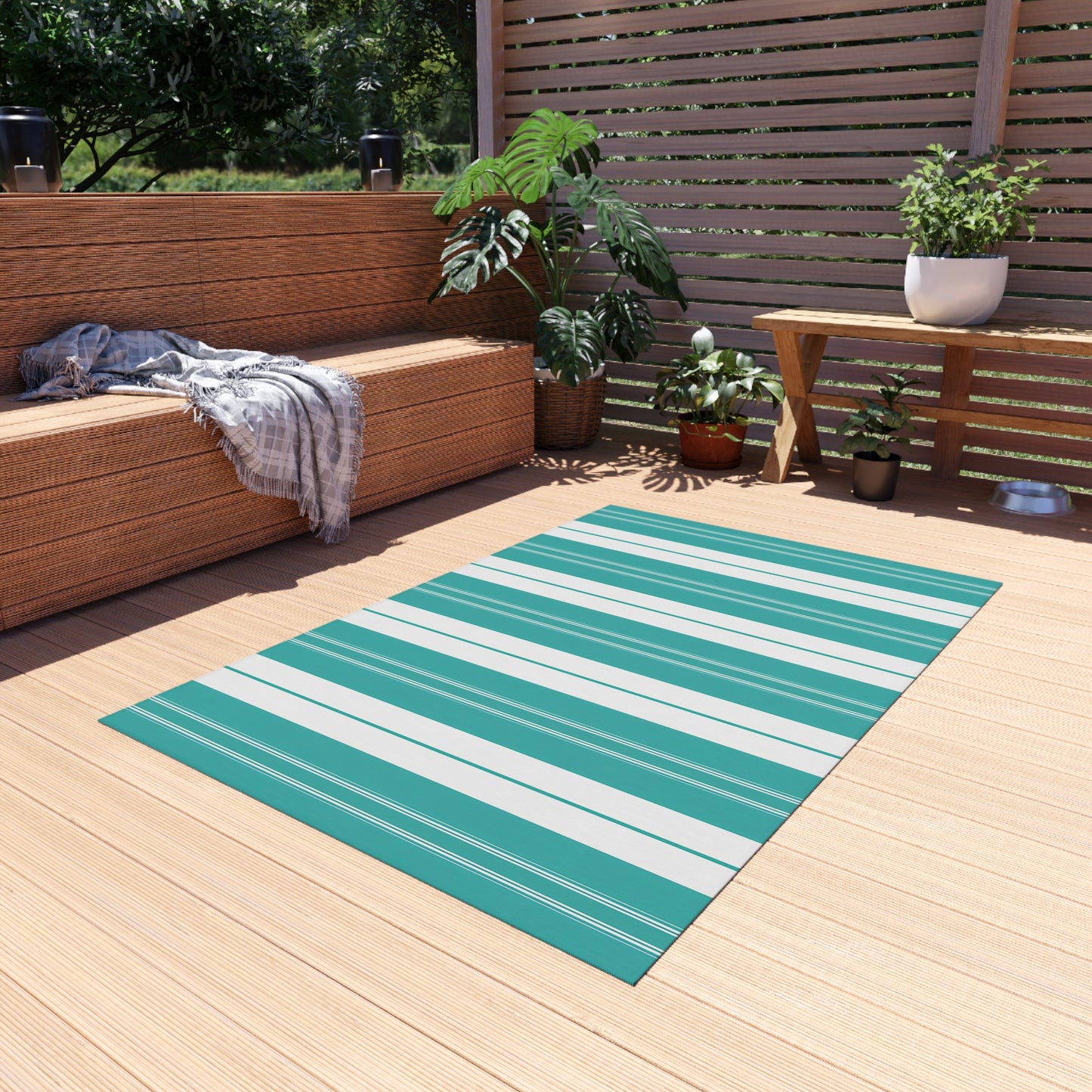 Teal White Stripe Outdoor/Indoor Rug | Patio Deck Mat