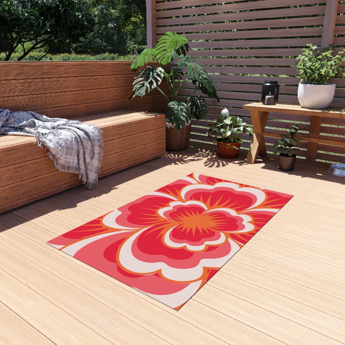 Bold Retro Floral Outdoor/Indoor Rug | Red Pink Hibiscus Pattern