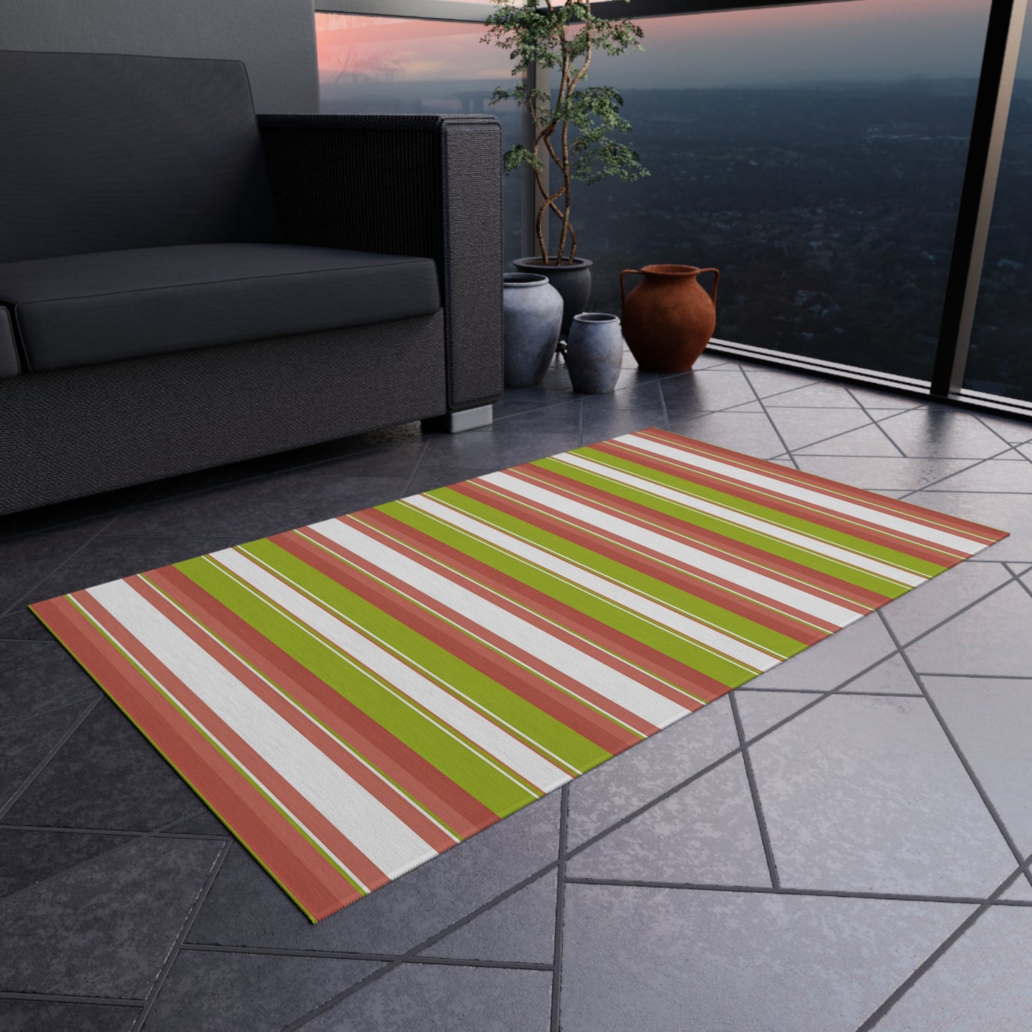 Green Red White Stripe Outdoor/Indoor Rug | Patio Deck Mat, Weatherproof Striped Rug