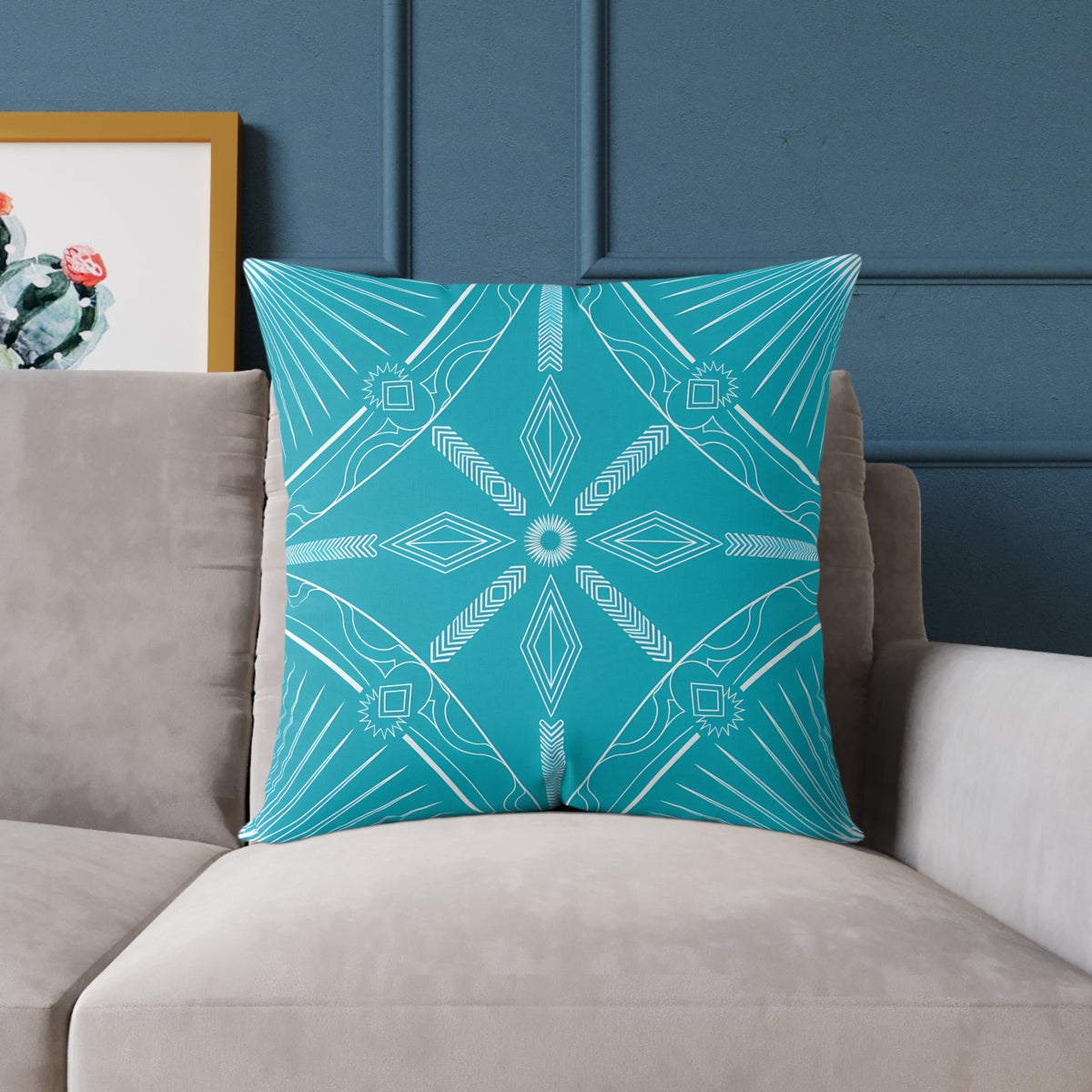 Turquoise White Geometric Mandala Square Pillow | Turquoise Decorative Cushion