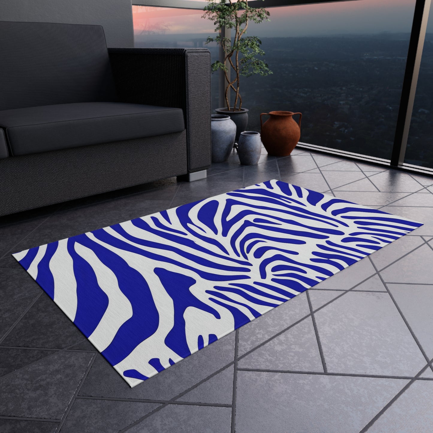 Blue White Zebra Print Outdoor/Indoor Rug | Bold Animal Stripe Patio Mat
