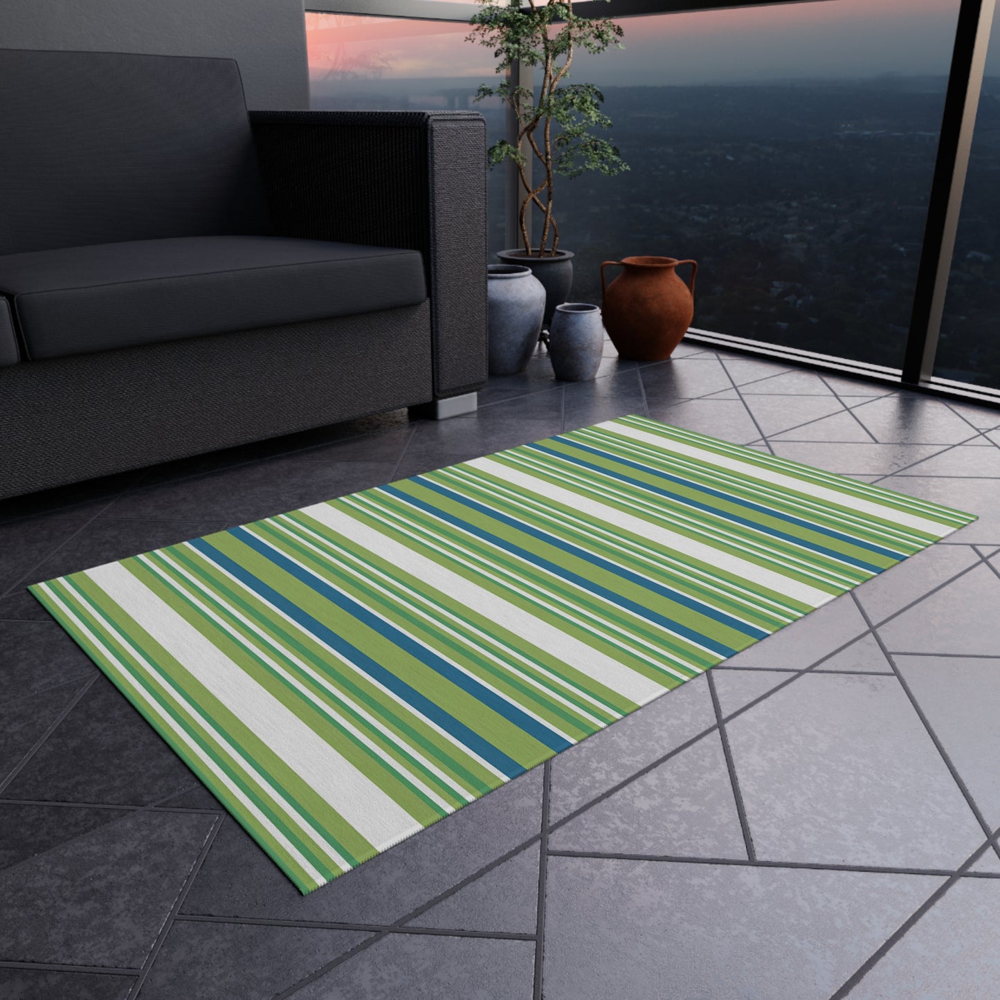 Green Blue White Stripe Outdoor Rug | Patio Mat, Weather-Resistant