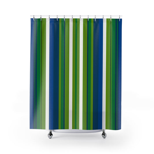Green Blue Vertical Stripe Shower Curtain | Coastal Bathroom Decor