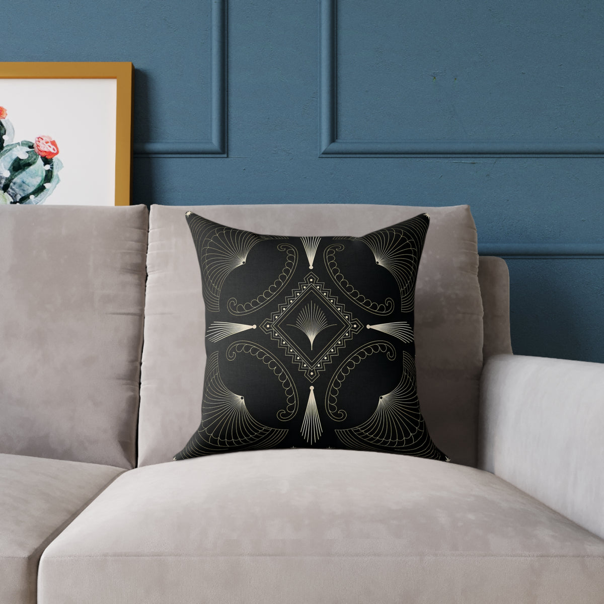 Art Deco Black Cream Geometric Pattern Square Pillow | Decorative Throw Pillow