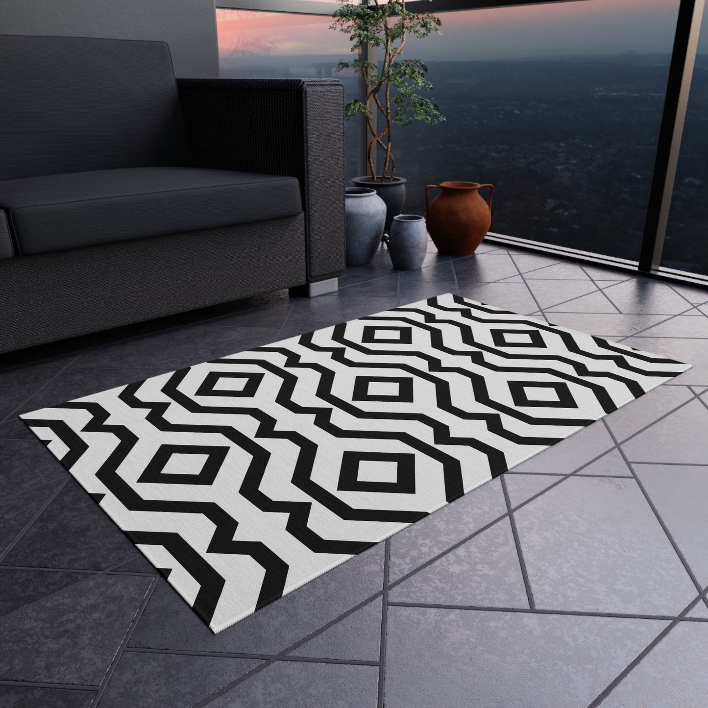 Black White Geometric Diamond Pattern Outdoor/Indoor Rug | Modern Patio Rug