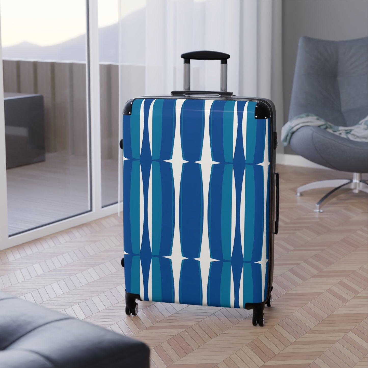 Blue Mid-Century Geometric Suitcase | Retro Stripe Luggage