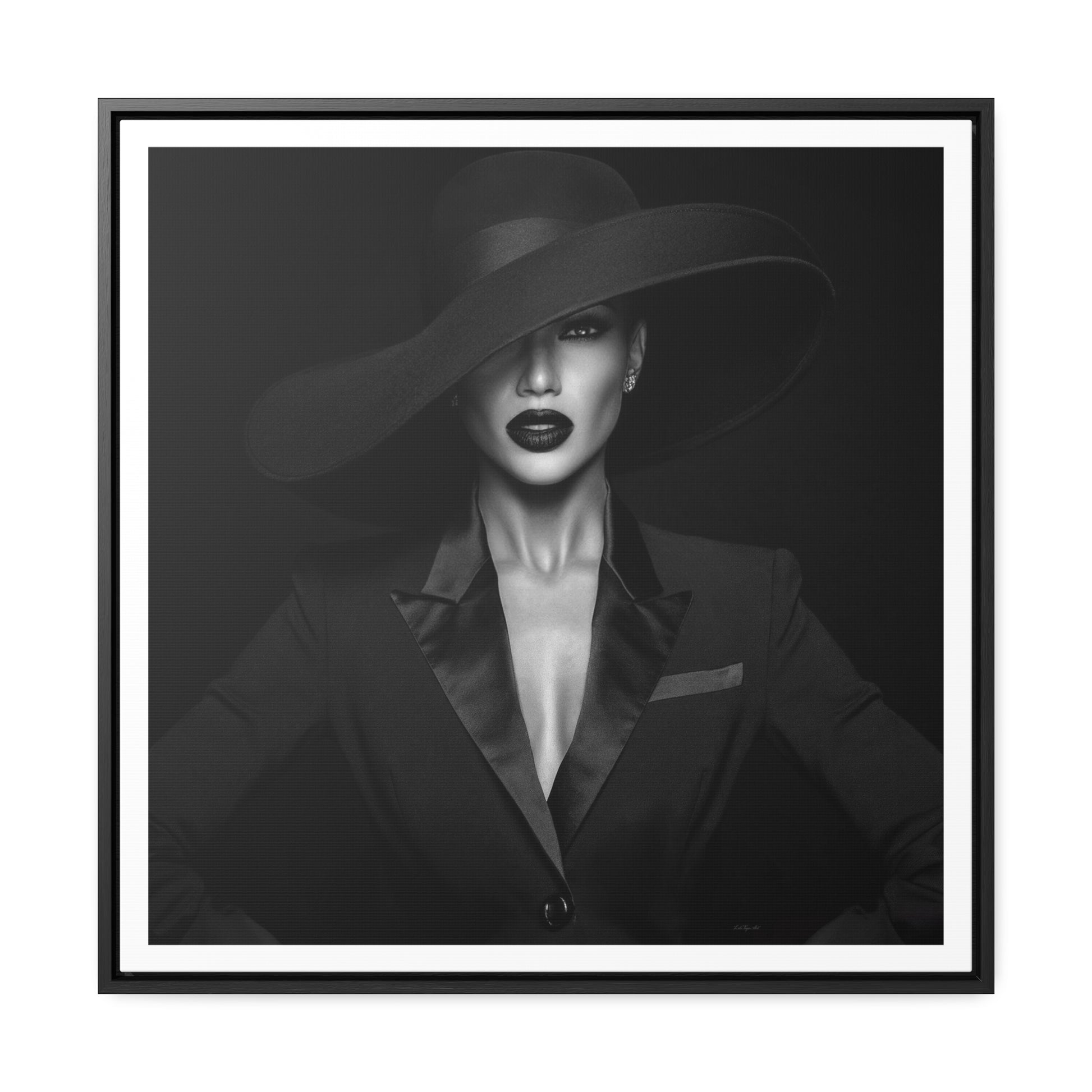 Canvas Wall Art Fashionista, Square Frame Glamorous Woman in Suit Decor, Black and White Dramatic Fedoras, Gallery Wraps, Home Office Decor, - LOLA VEGAS ART