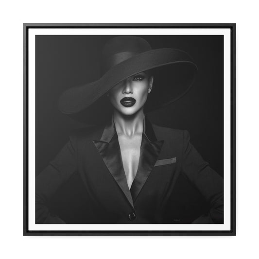 Canvas Wall Art Fashionista, Square Frame Glamorous Woman in Suit Decor, Black and White Dramatic Fedoras, Gallery Wraps, Home Office Decor,