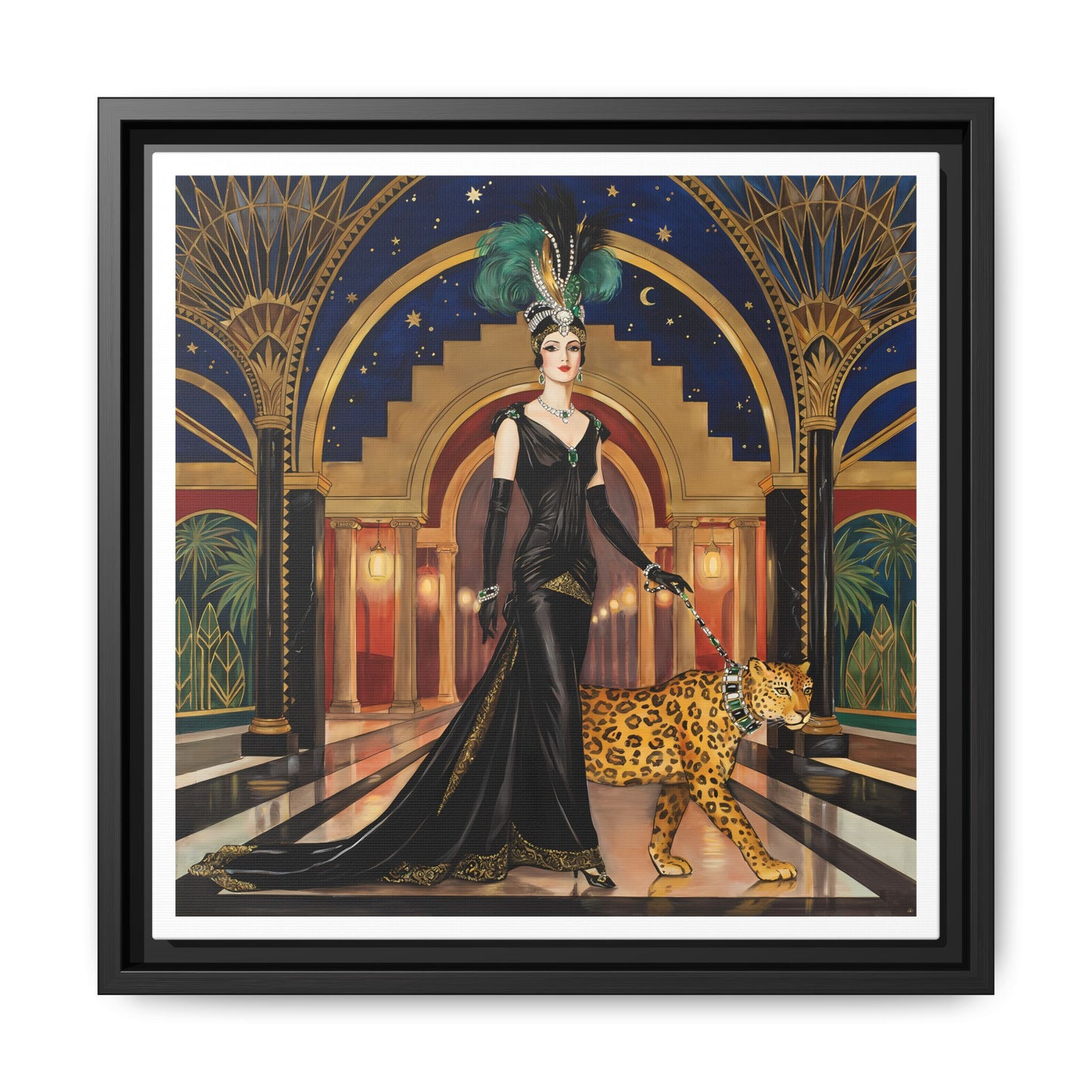 Art Deco Flapper with Leopard Canvas Framed Wall Art | Matte Print