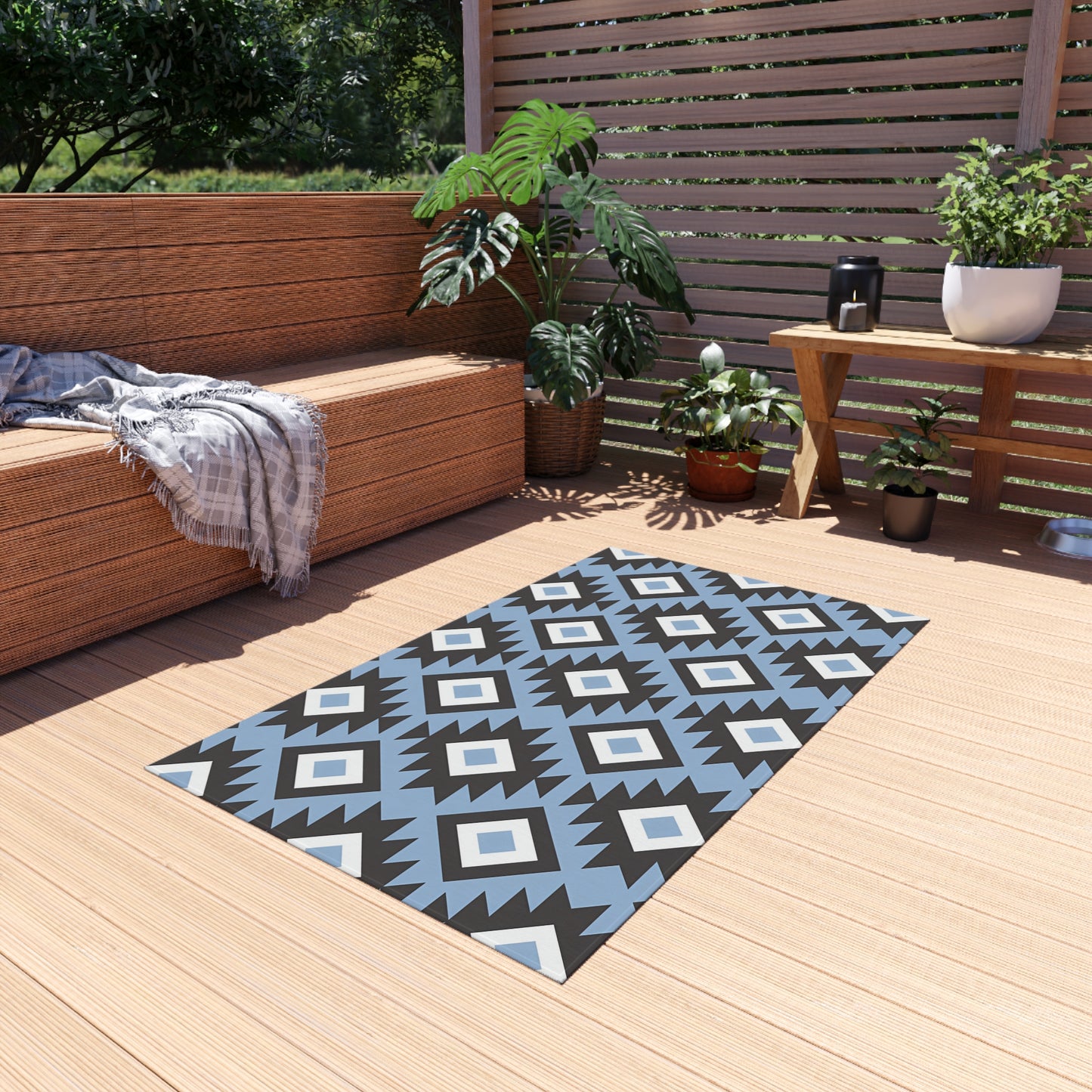 Southwestern Diamond Pattern Outdoor/Indoor Rug | Blue Black Geometric Patio Mat