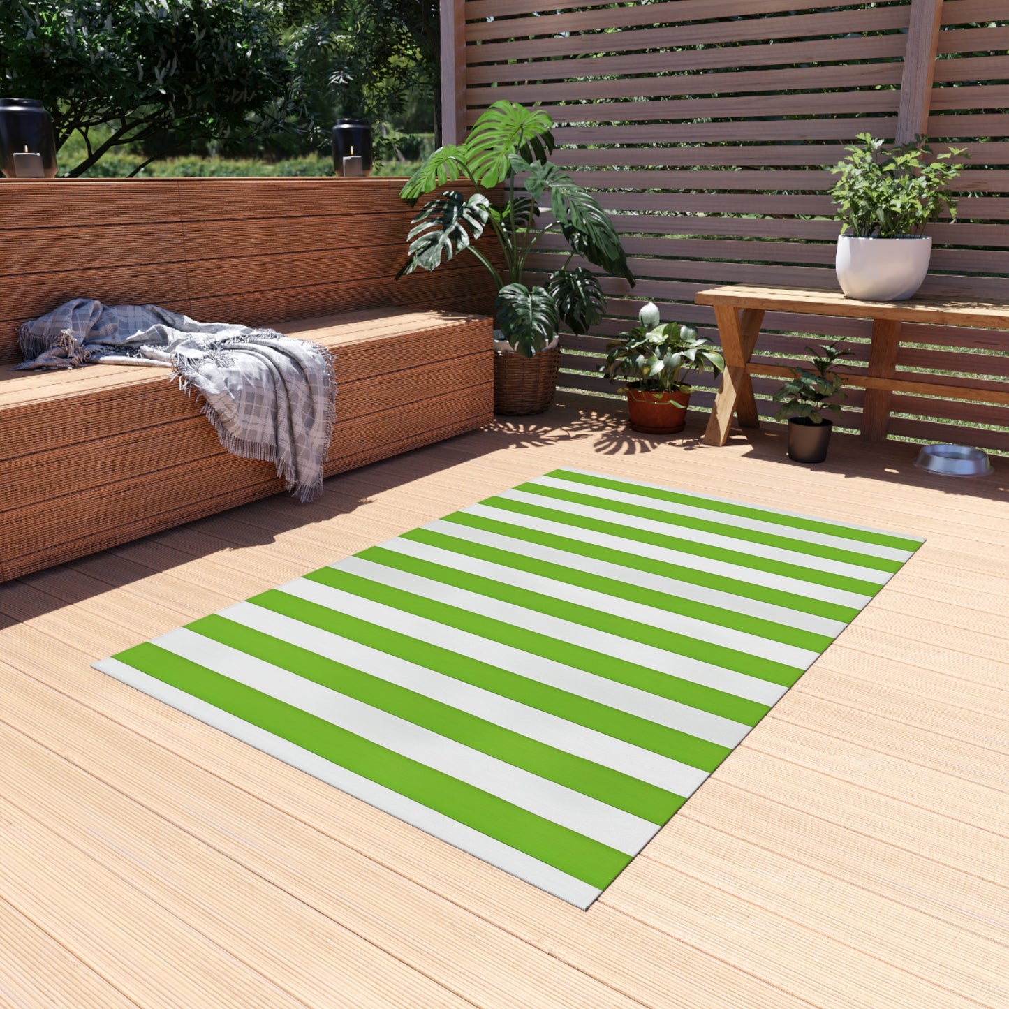 Green and White Striped Indoor/Outdoor Rug | Patio Mat, Weather-Resistant Flooring