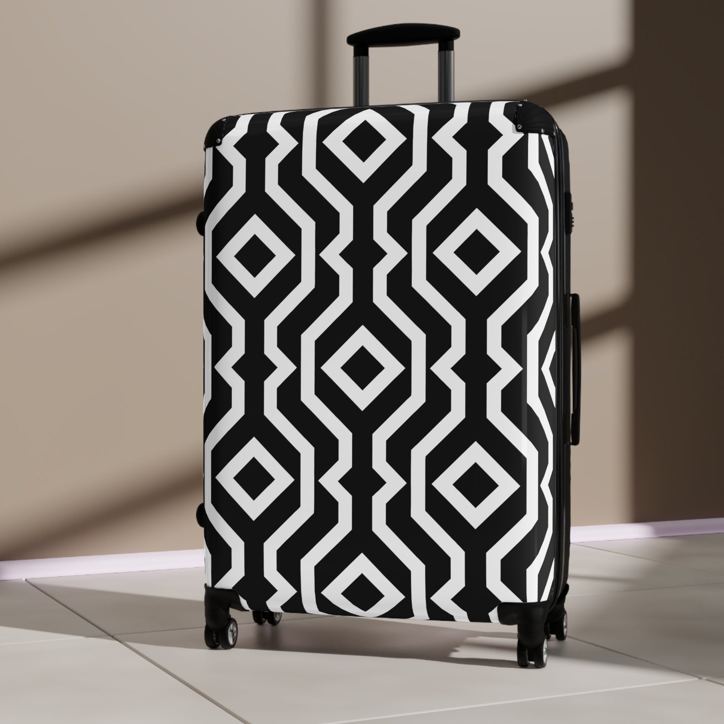 Black White Geometric Pattern Suitcase | Modern Diamond Luggage