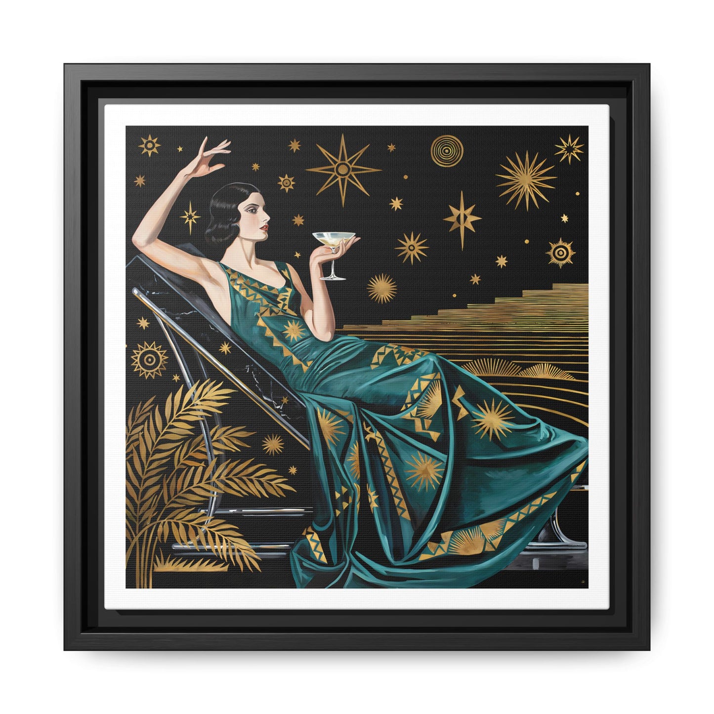 Art Deco Lady with Cocktail Matte Canvas Framed Wall Art