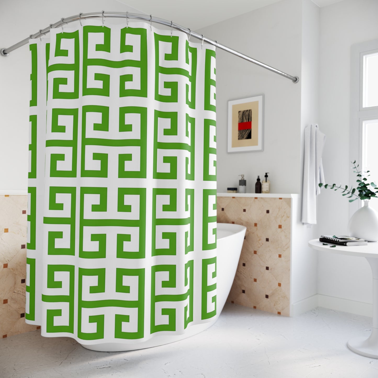Green White Greek Key Pattern Shower Curtain | Geometric Bathroom Decor