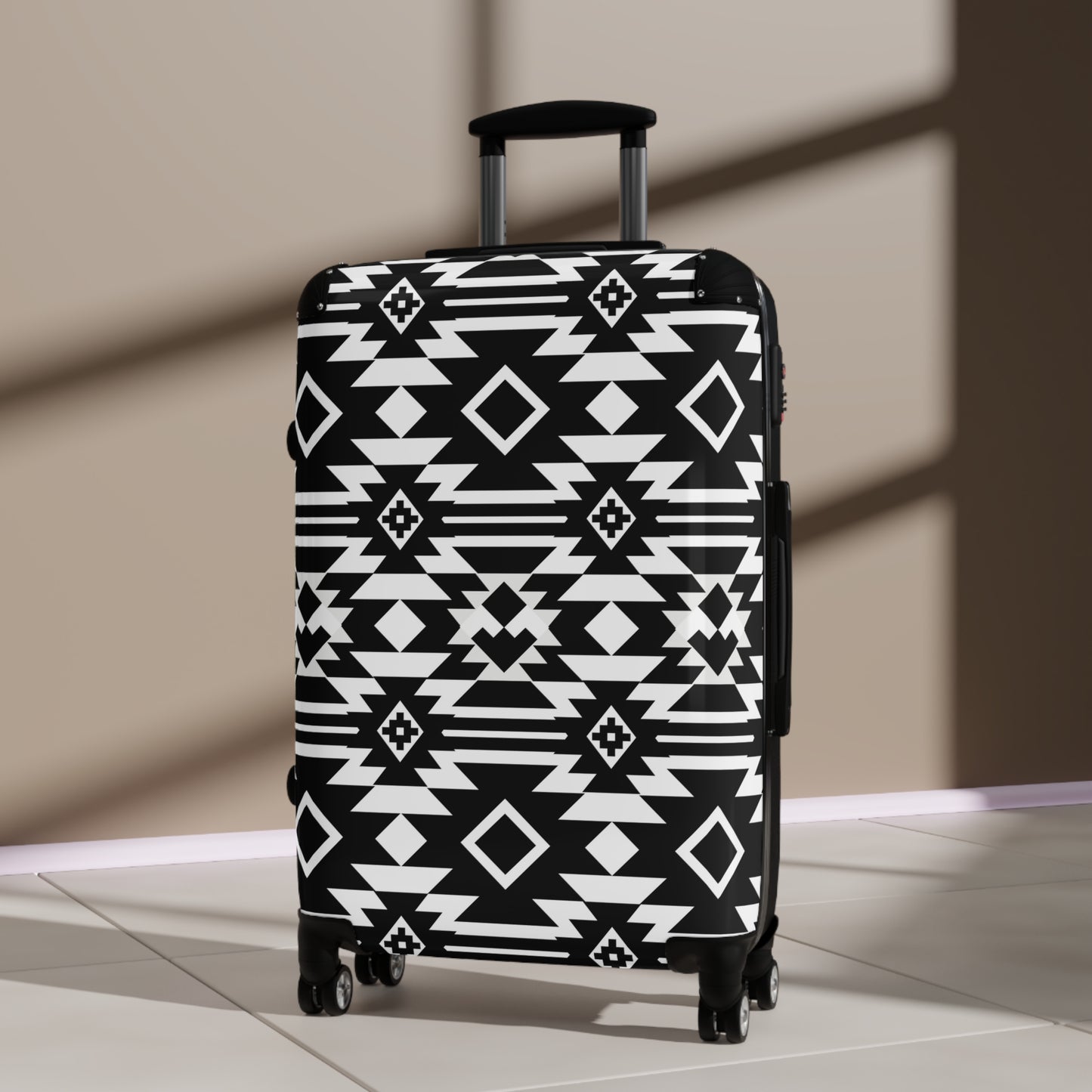 Black White Aztec Geometric Suitcase | Tribal Pattern Luggage