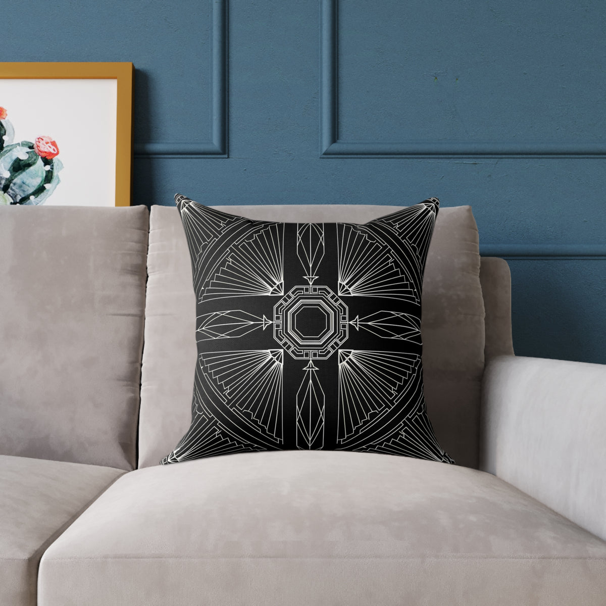 Art Deco Black White Geometric Pattern Pillow | Square Poly Canvas Pillow