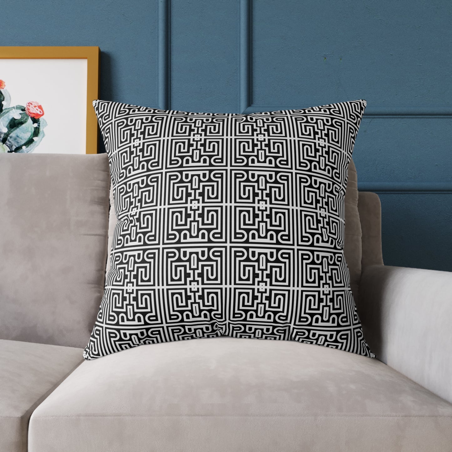 Geometric Black White Greek Key Pattern Square Pillow | Poly Canvas Pillow