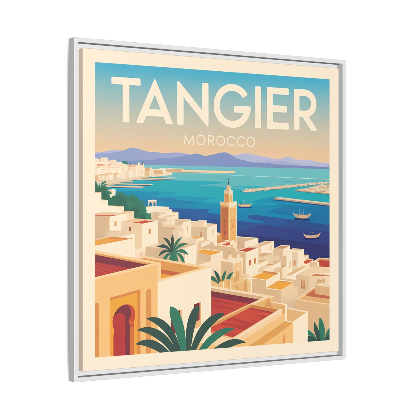 Tangier Morocco Travel Framed Wall Art Matte Canvas | Vintage Style Coastal Wall Art