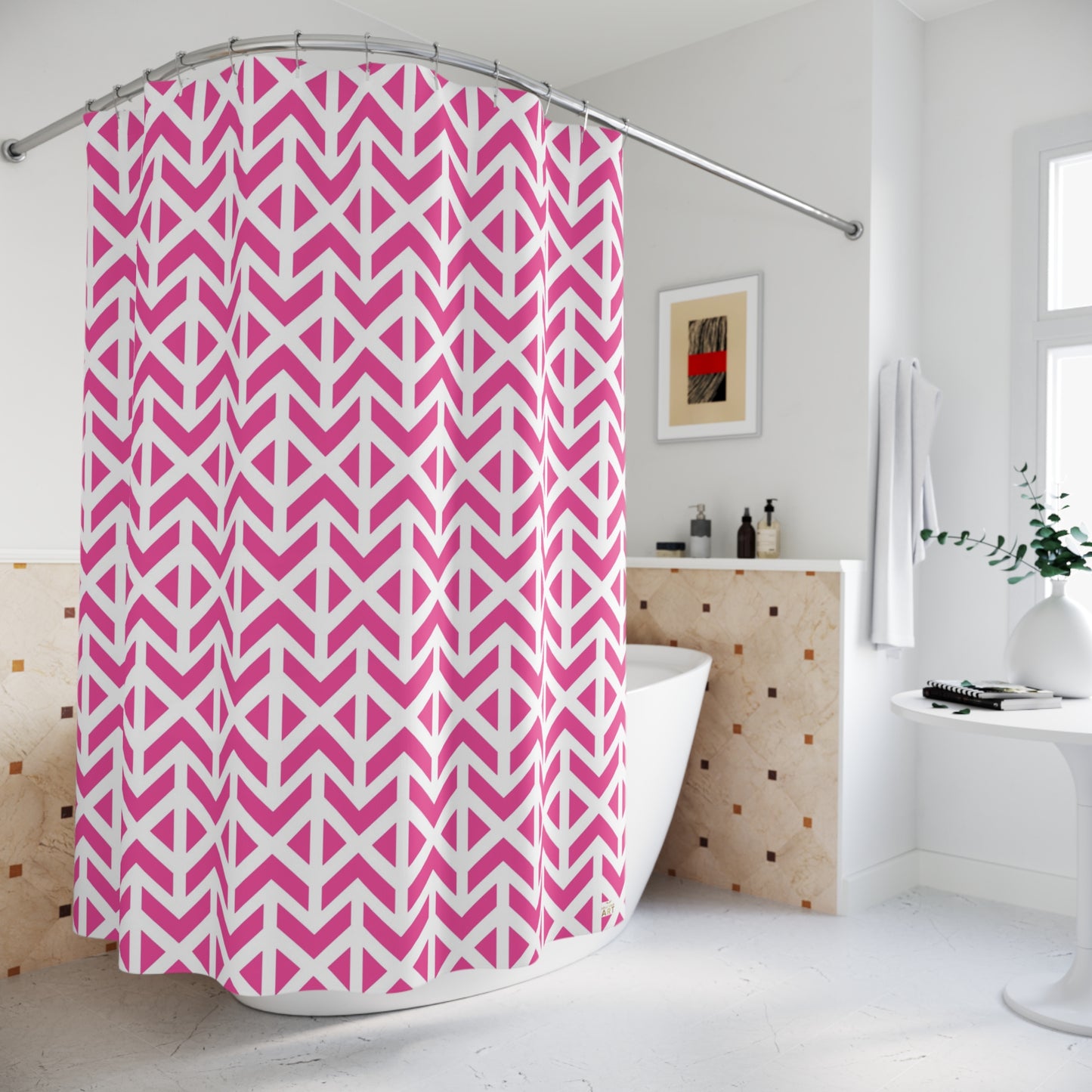 Pink Geometric Chevron Shower Curtain | Modern Pattern Bathroom Decor, Boho Bathroom Accessory