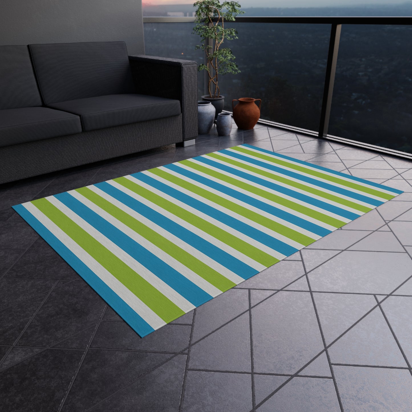 Blue Green Striped Outdoor/Indoor Rug | Patio Mat, Porch Deck Floor Covering