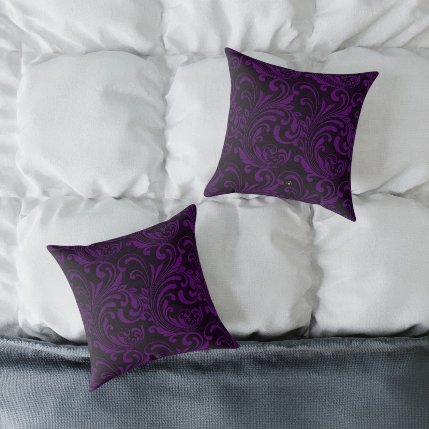 Purple Black Baroque Scroll Pillow | Square Throw Pillow, Dark Floral Damask