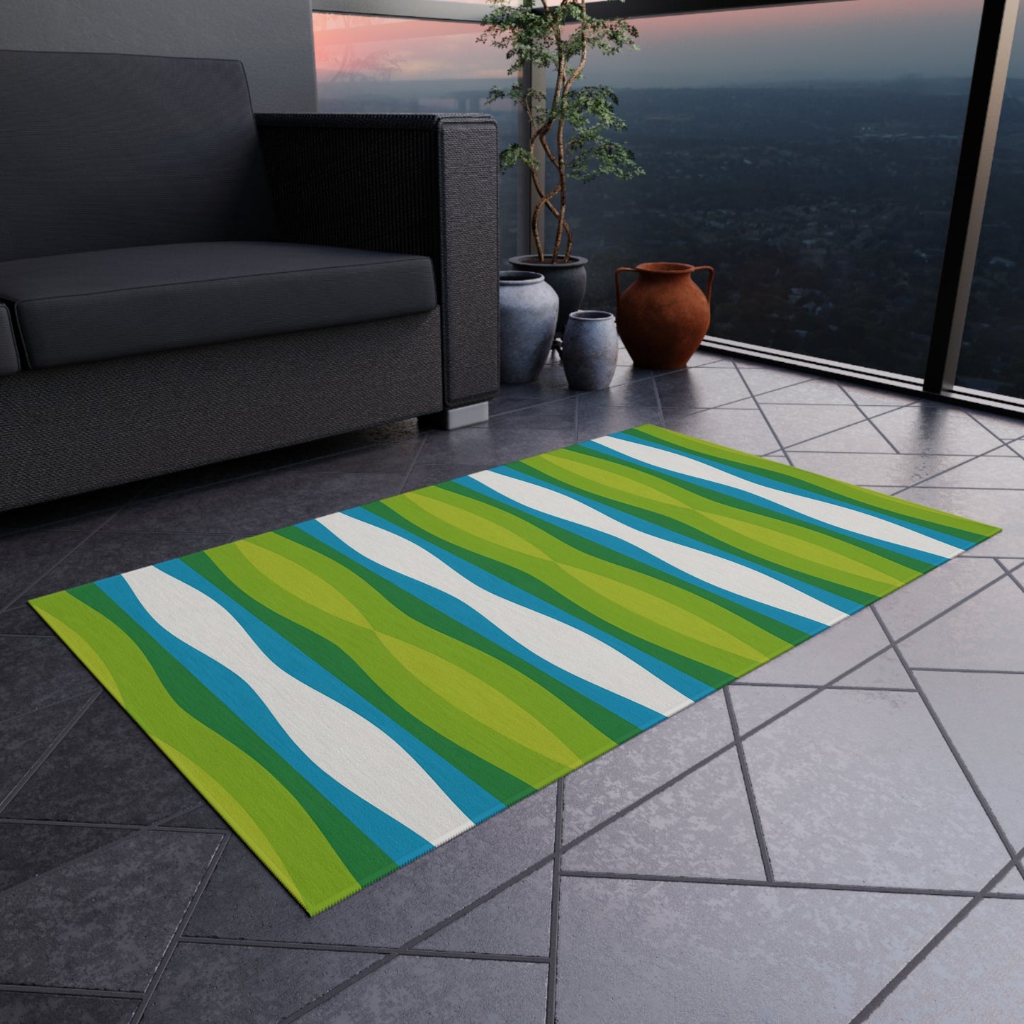 Green Blue White Wave Pattern Outdoor Rug | Striped Patio Mat