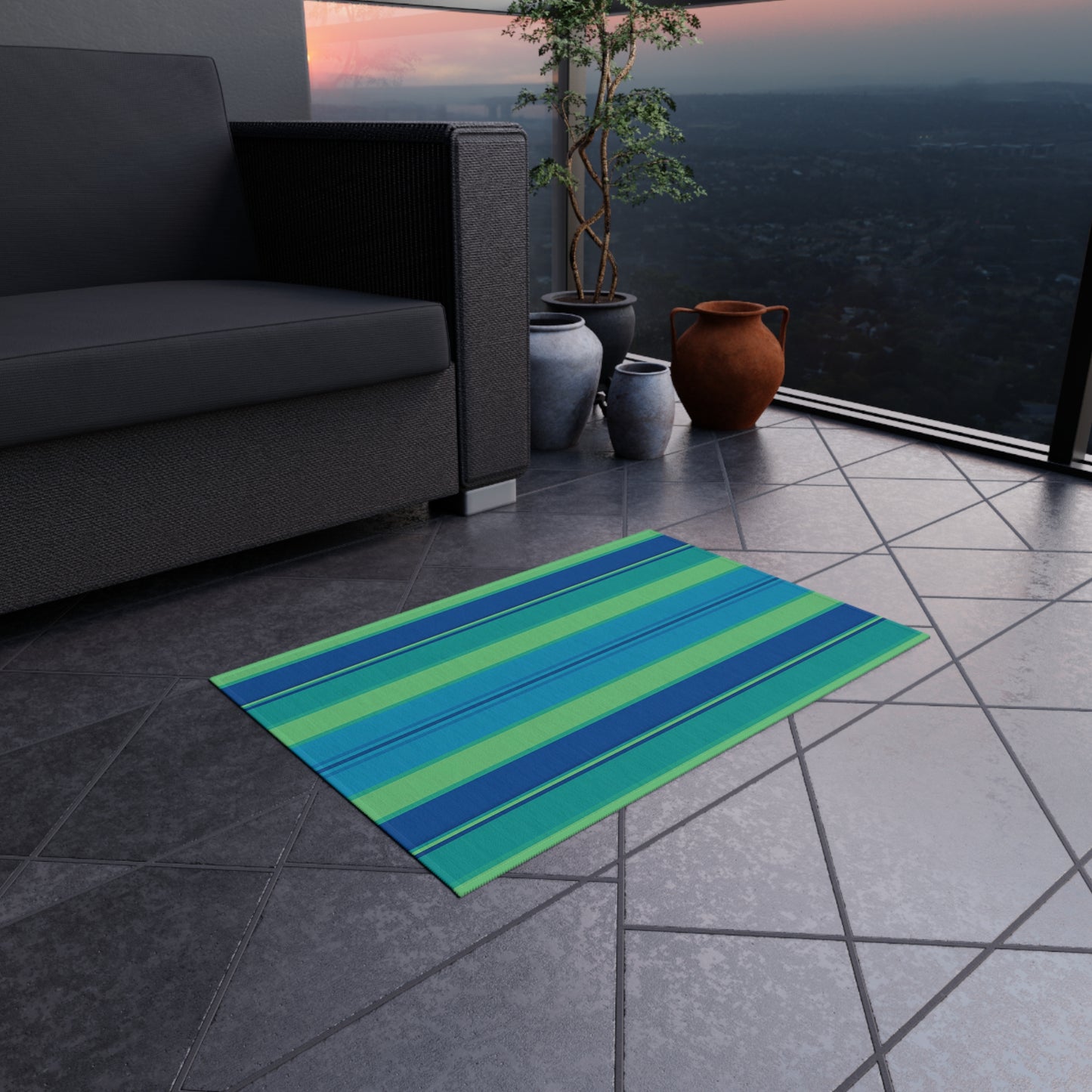 Blue Green Striped Outdoor Rug | Indoor Rug