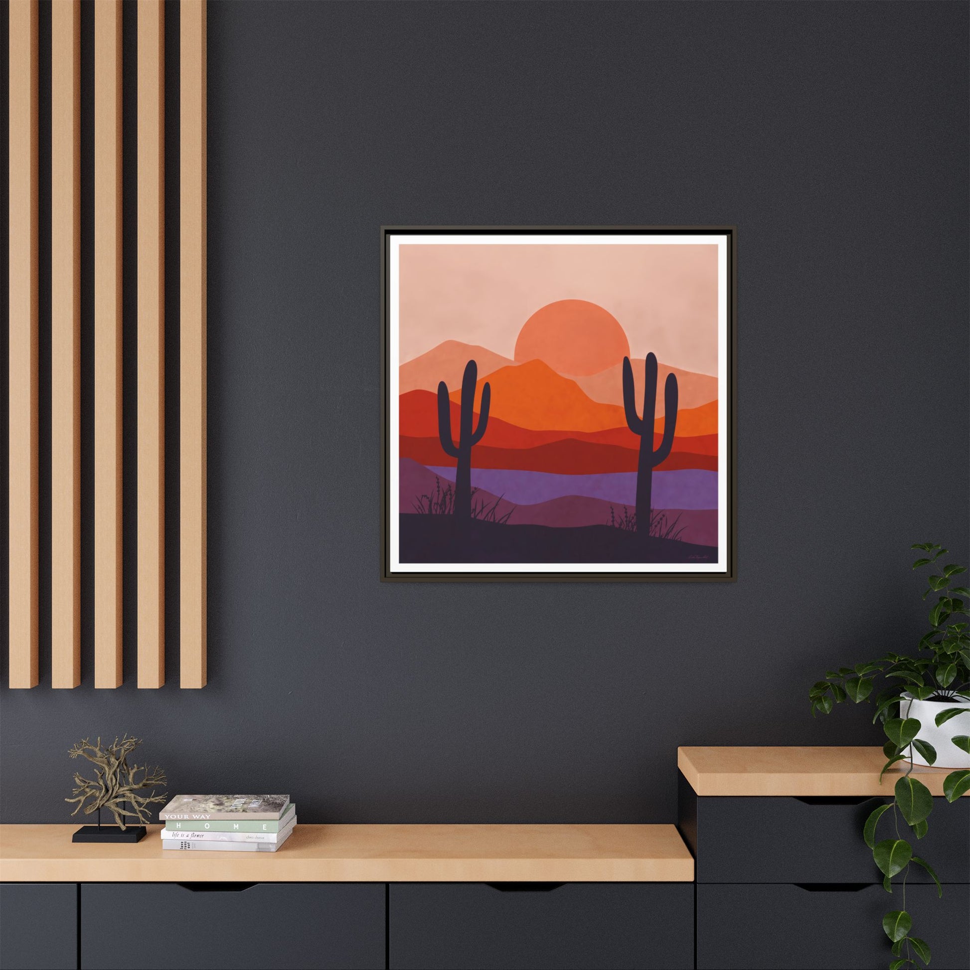 Desert Sunset Framed Canvas Art, Boho Home Decor, Nature Wall Art, Cactus Print, Warm Colorful Wall Decor, Housewarming Gift - LOLA VEGAS ART