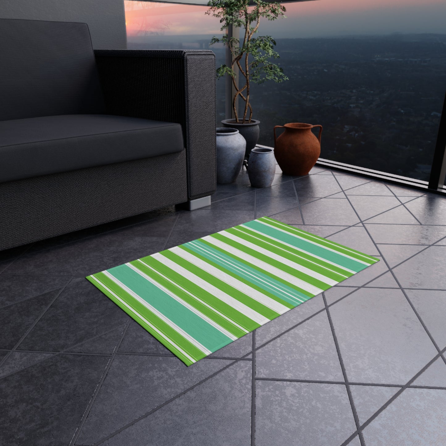 Green Blue White Stripe Outdoor/Indoor Rug | Patio Mat, Weatherproof Area Rug